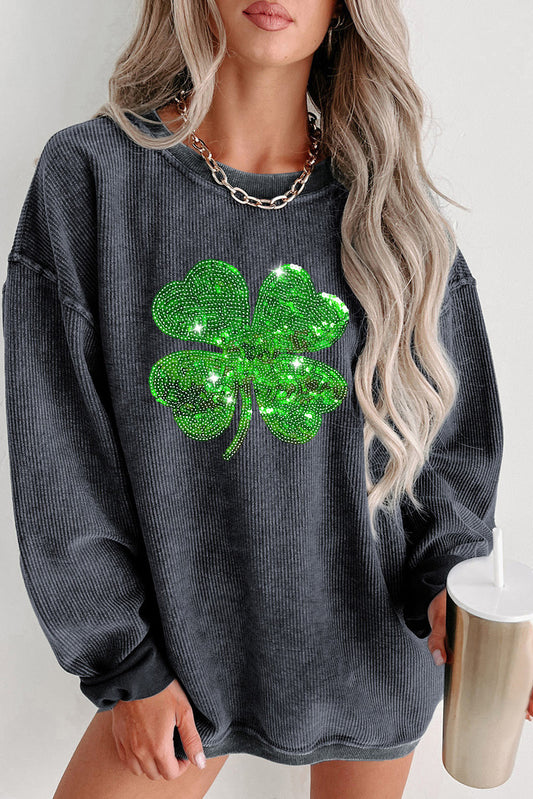 Gray Sequins St Patrick Clover Graphic Corded Sweatshirt