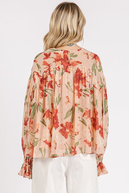 Mittoshop Floral Round Neck Flounce Sleeve Blouse