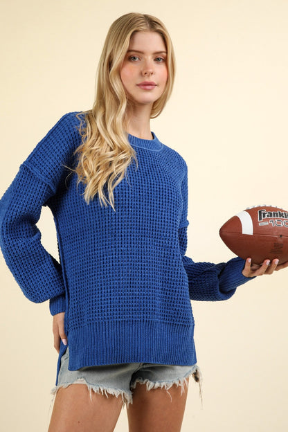 VERY J Waffle-Knit Exposed Seam Round Neck Sweater