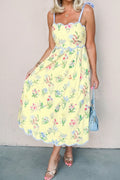 Yellow Floral Print Contrast Trim Self-tie Straps High Waist Midi Dress