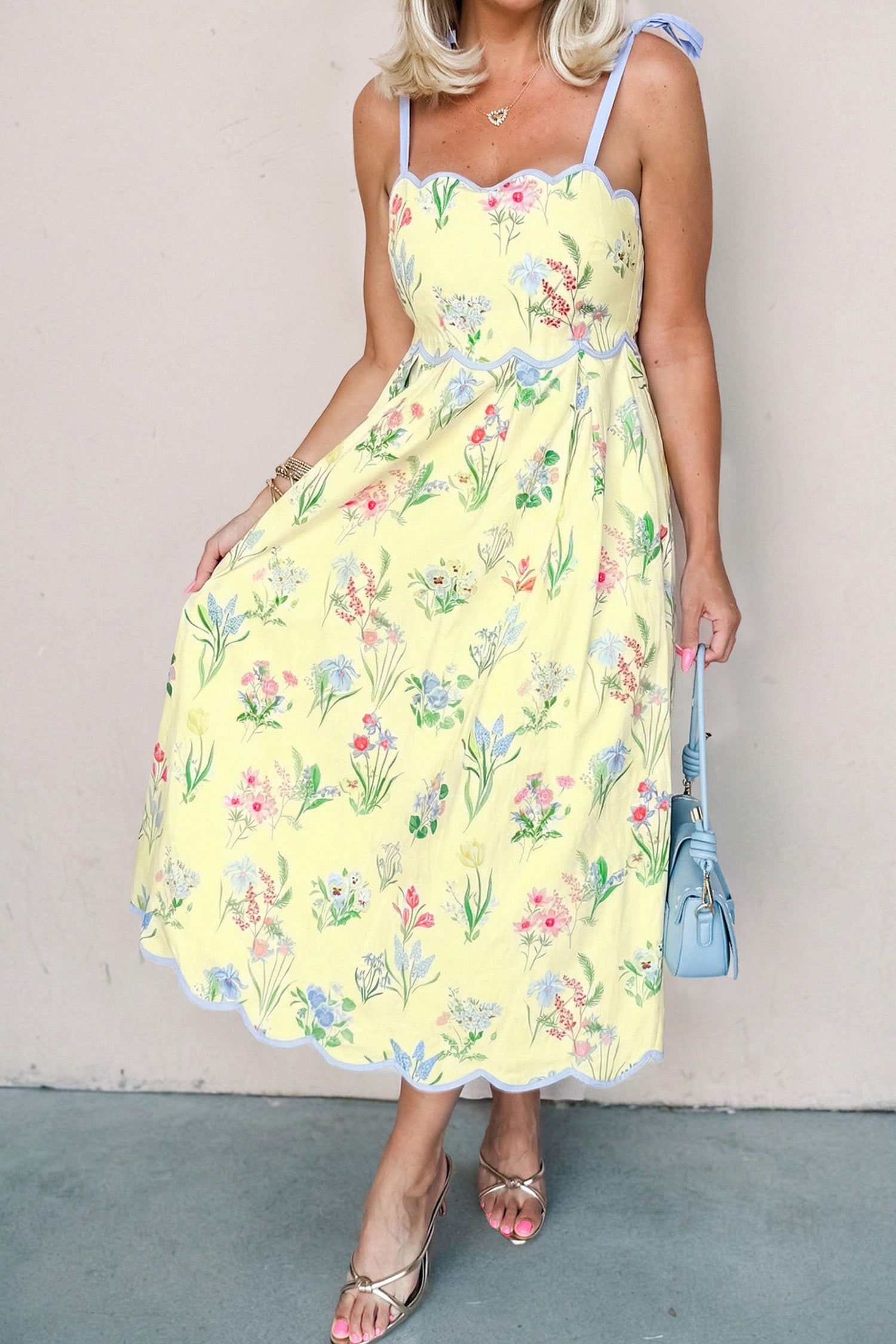 Yellow Floral Print Contrast Trim Self-tie Straps High Waist Midi Dress