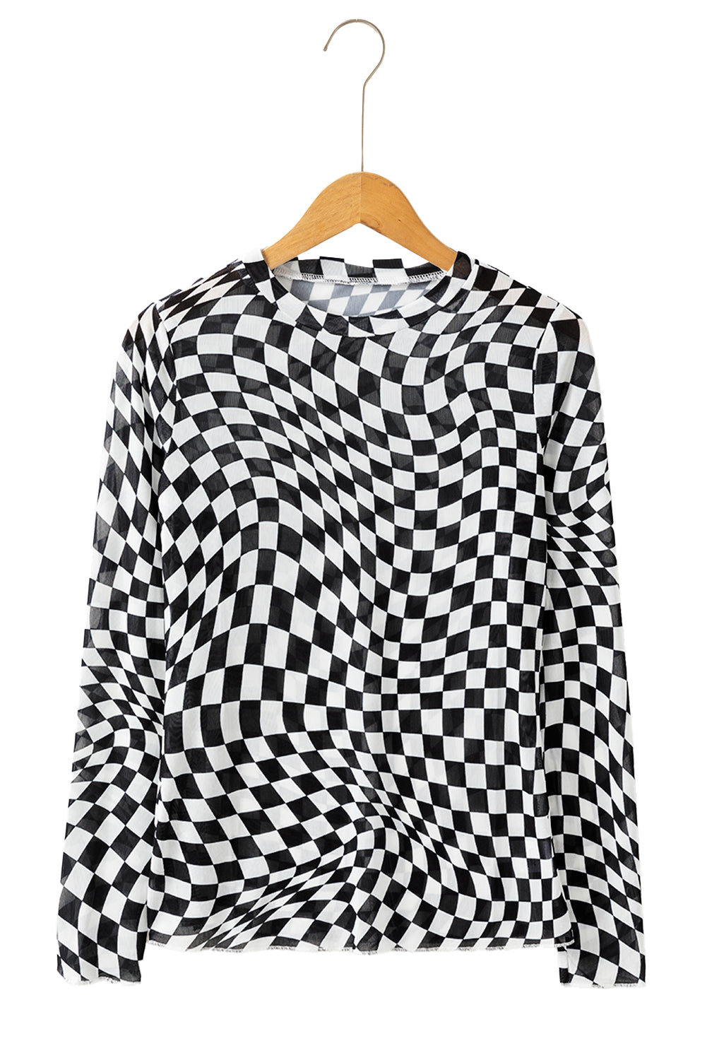 Khaki Checkered Pattern Mesh Long Sleeve Top