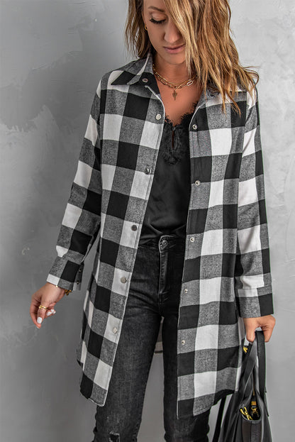 Brown & Black Plaid Collared Botton Down Long Shirt Shacket