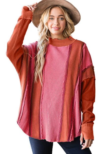 Red Waffle Knit Patchwork Thumbholes Long Sleeve Top