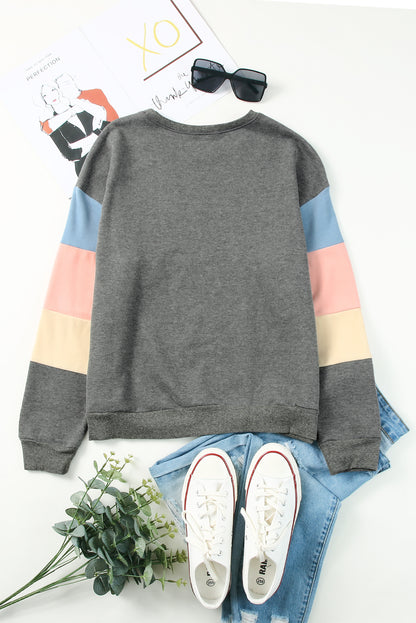 Rosy Color Block Casual Drop Sleeve Sweatshirt