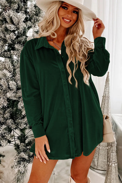 Flaxen Velvet Button Front Shirt Mini Dress