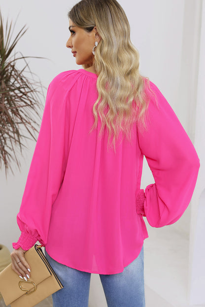 Rose Pleated V Neck Puffy Sleeve Blouse