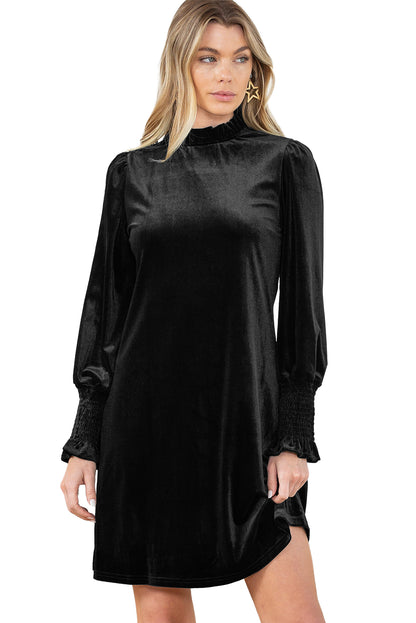 Black Velvet Frill Neck Long Sleeve Shift Dress