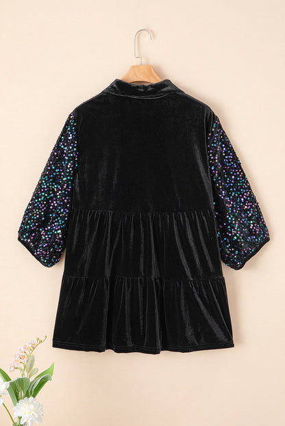 Black Velvet Sequin Puff Sleeve Button Babydoll Blouse