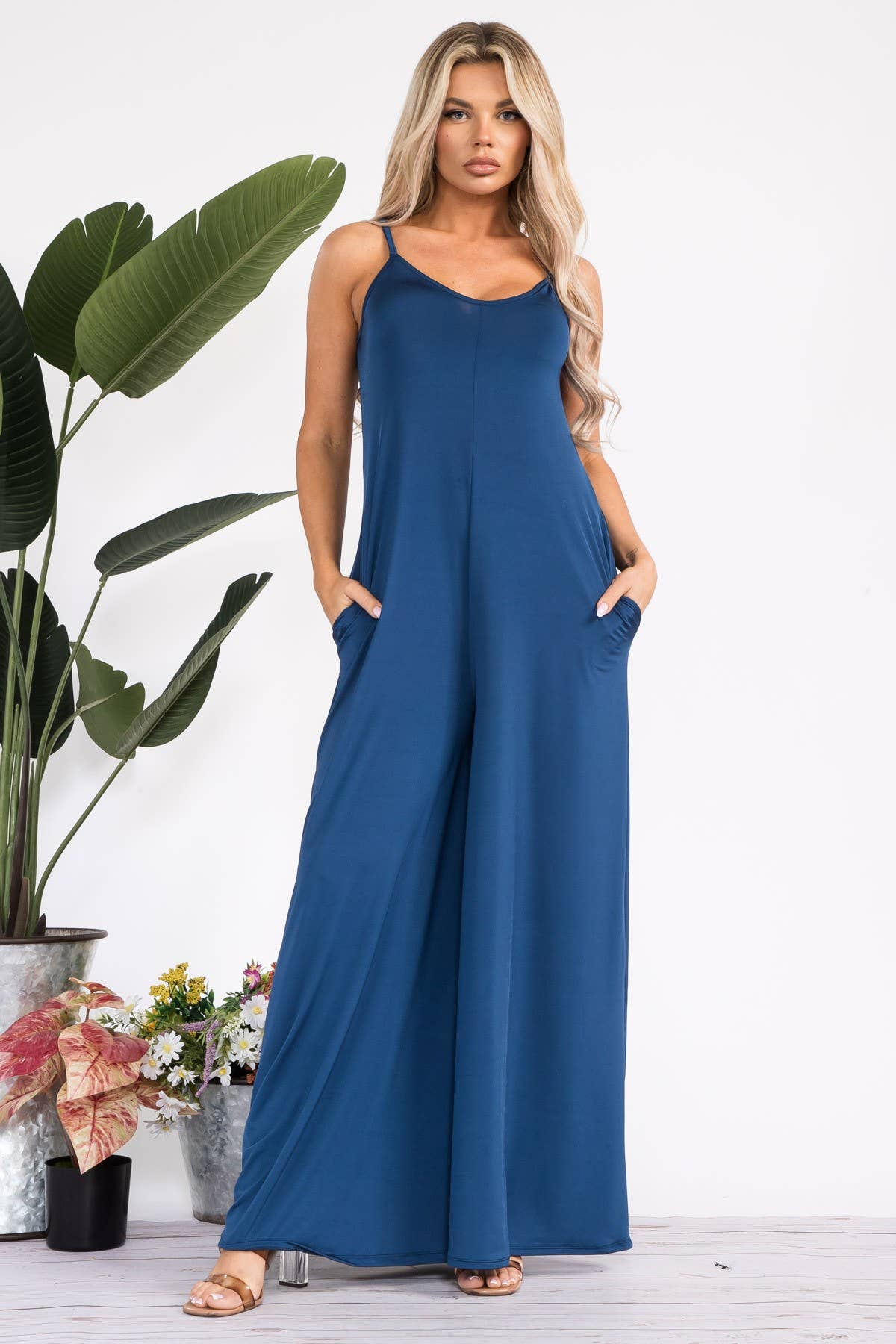 HH697R-S - Spaghetti Strap Wide Leg Jumpsuit