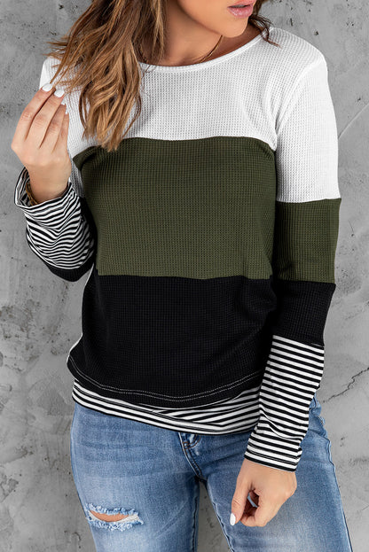 Color Block Stripes Trim Patchwork Casual Textured Long Sleeve Top