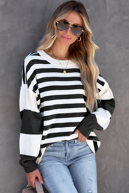 Blue Striped Casual Drop Shoulder Pullover Sweatshirt