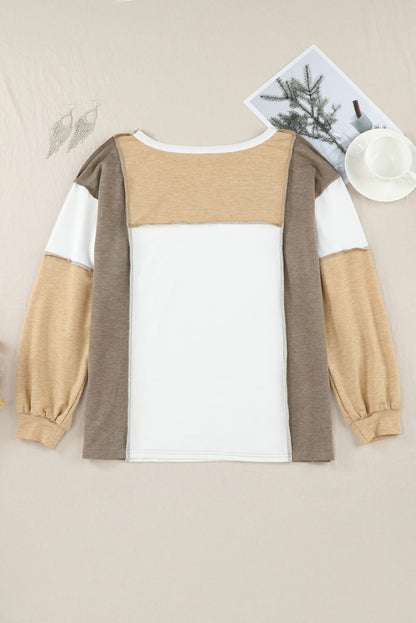 Khaki Color Block Exposed Seam Long Sleeve T Shirt