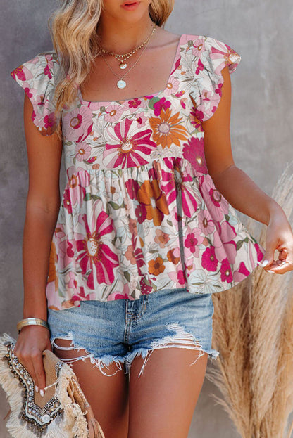 Purple Floral Print Flowy Flutter Sleeveless Shirt