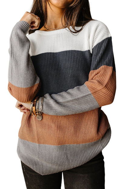 Red Color Block Casual Knit Pullover Sweater