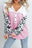 Pink Waffle Knit Leopard Sleeve Patchwork Henley Top