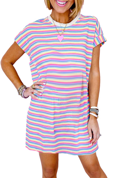 Pink Striped Crew Neck Mini T-shirt Dress