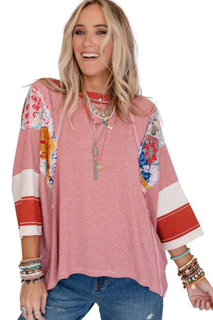 Sky Blue Striped and Floral Patchwork Oversized Top