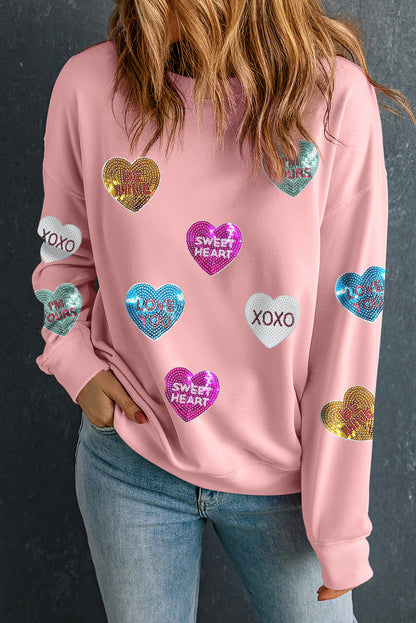 Pink Sequin Romantic Sweet Heart Graphic Valentines Sweatshirt