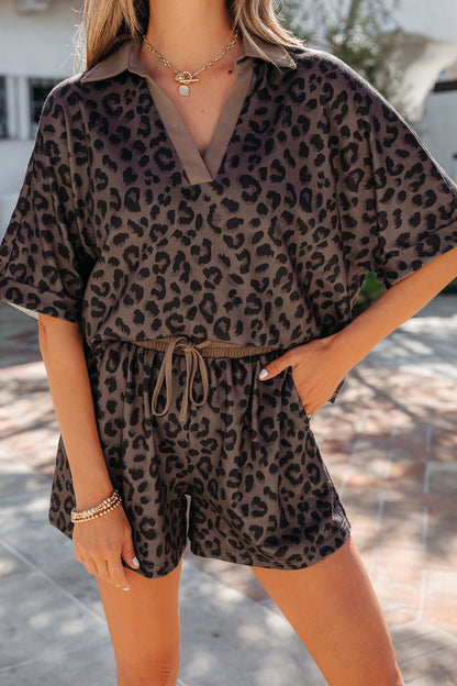 Khaki V Neck Collar Leopard Printed 2pcs Short Set