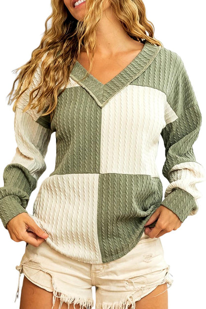 Green and Beige Color Block Textured V Neck Long Sleeve Top