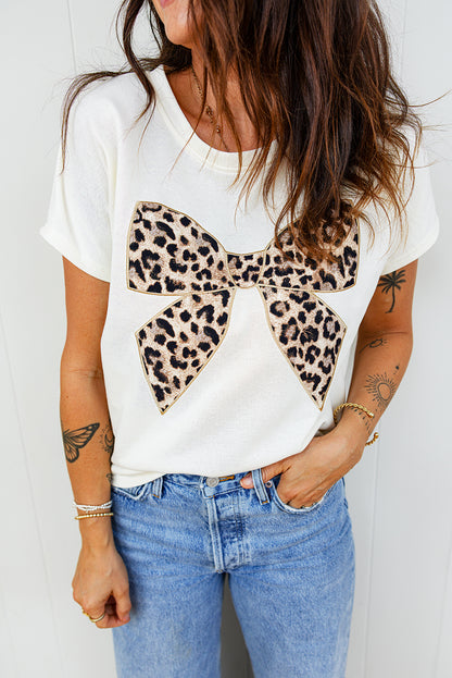 Black Leopard Bow Embroidered Cotton Round Neck T Shirt