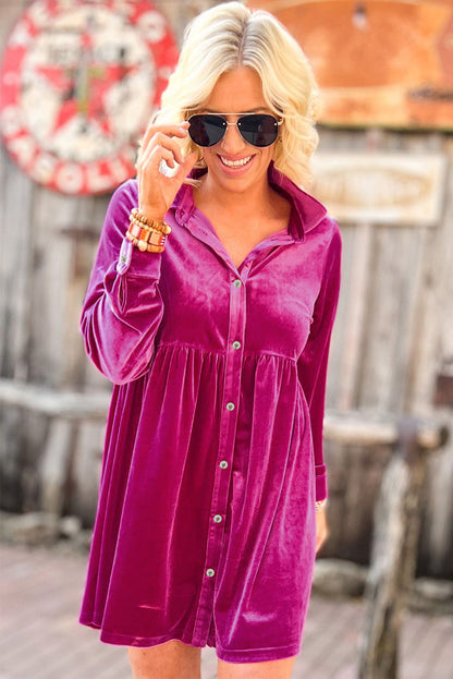 Red Long Sleeve Ruffle Velvet Button Up Shirt Dress