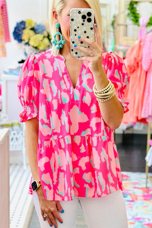 Rose Abstract Print Smocked Puff Sleeve V Neck Peplum Blouse