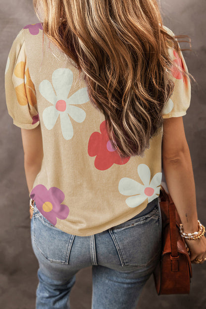 Apricot Colorful Flower Print Bubble Sleeve Tee