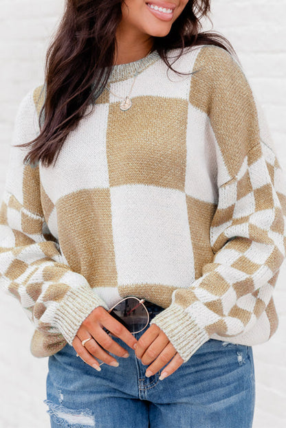 Mint Green Plaid Knitted Drop Shoulder Sweater