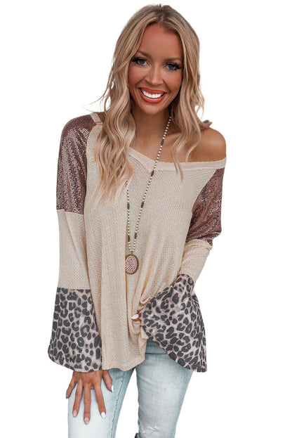 Leopard Sequin Patchwork Bell Sleeve V Neck Tunic Top