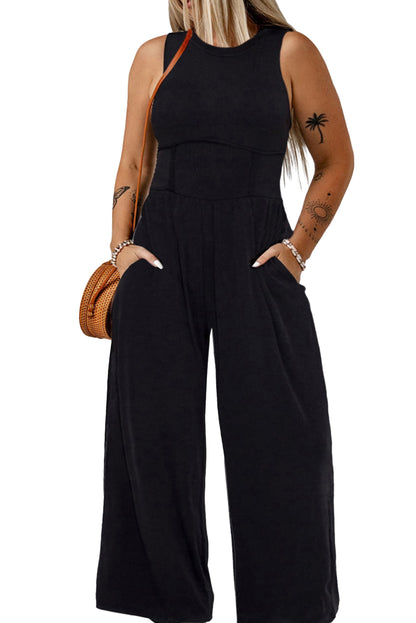 Black Plain Sleeveless Cinched Waist Wide Leg Jumpsuit