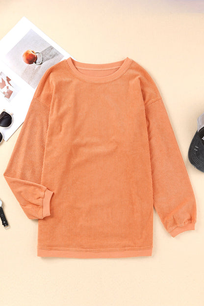 Orange Plain Drop Sleeve Rib-Knit Oversized Sweatshirt