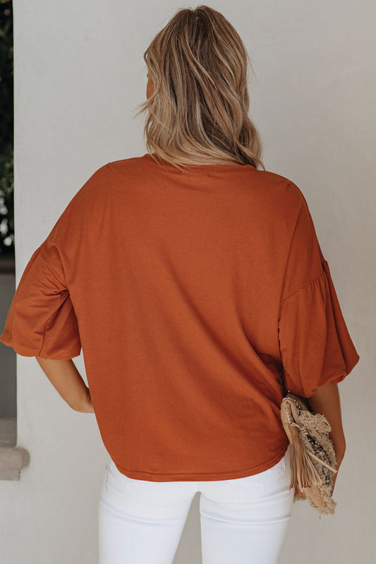 Orange Solid Color Casual Bishop Sleeve Blouse