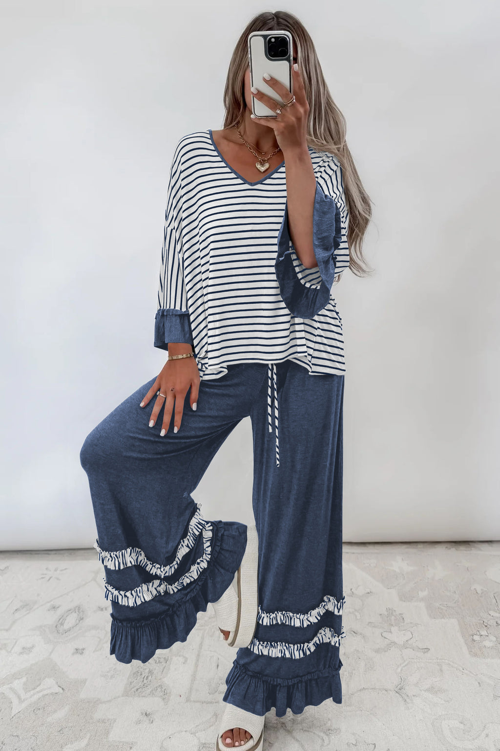 Gray Stripe V Neck Ruffle Contrast Sleeve Top Drawstring Pants 2pcs Set