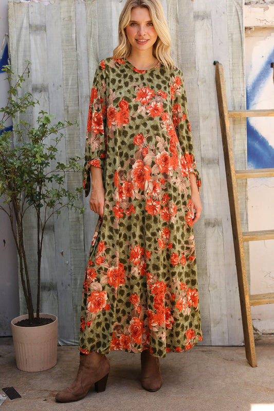 Follow Me Round Neck Animal Floral Print Tie Bow Sleeve Midi Dress