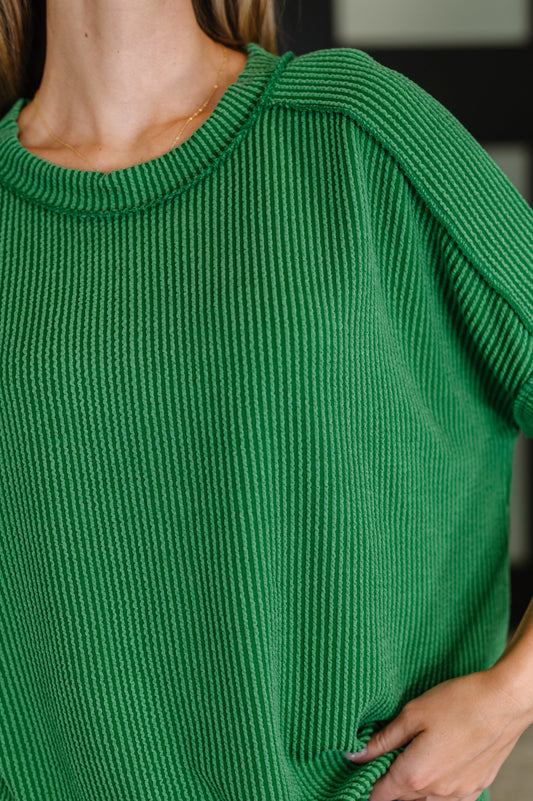 Catch Me Loungin’ Cable Ribbed Knit Top in Dark Green