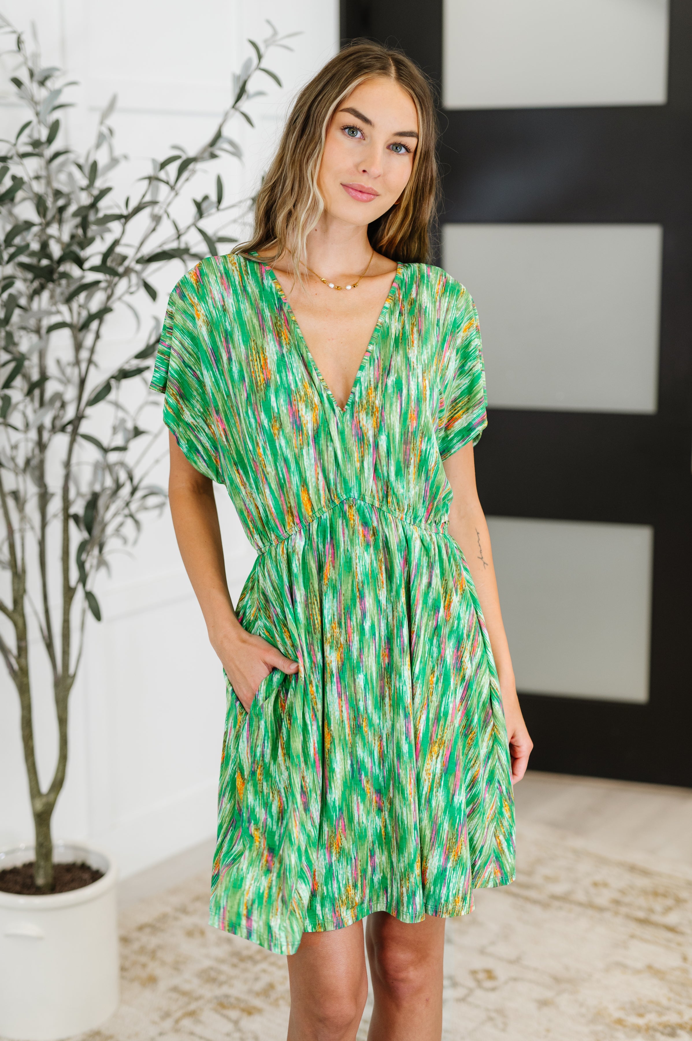 Chic Repeat V-Neck Dress in Multi-Color