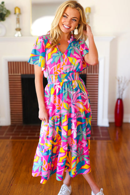 Tropical Trance Fuchsia Floral Smocked Waist Maxi Dress