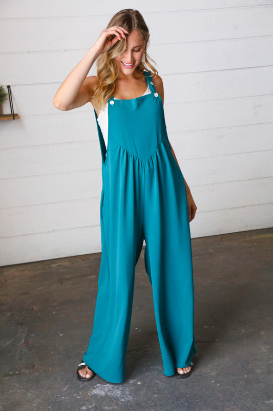 Teal Wide Leg Suspender Overall Jumpsuit