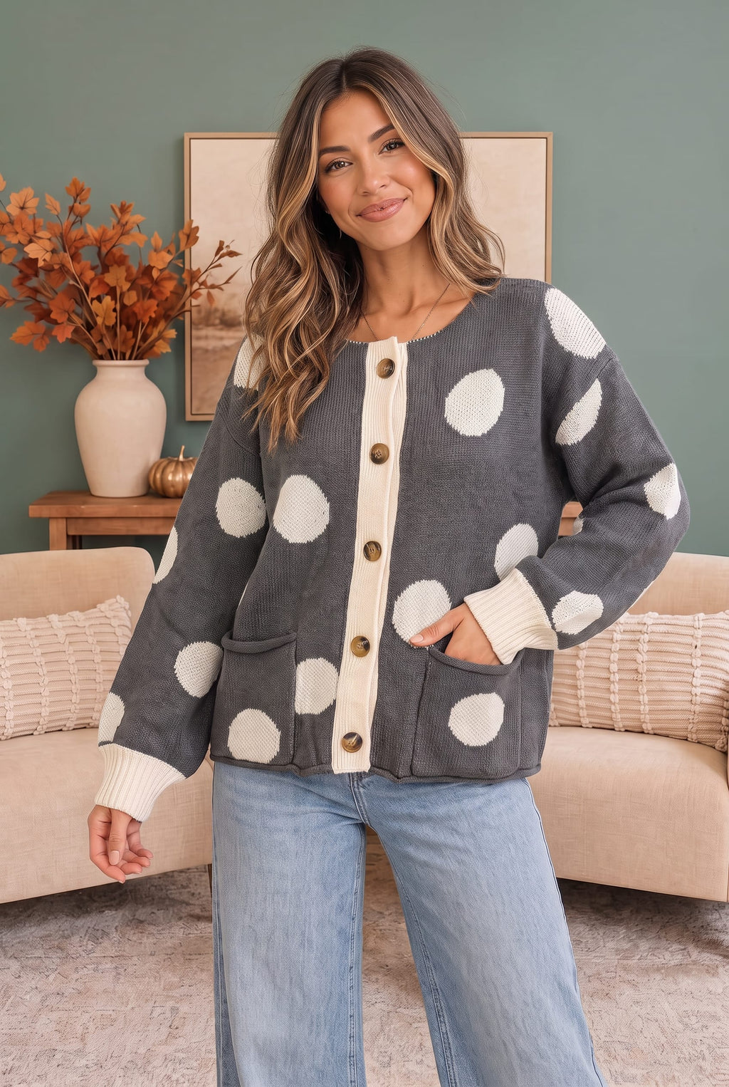Dotty For You Charcoal Polka Dot Knit Cardigan