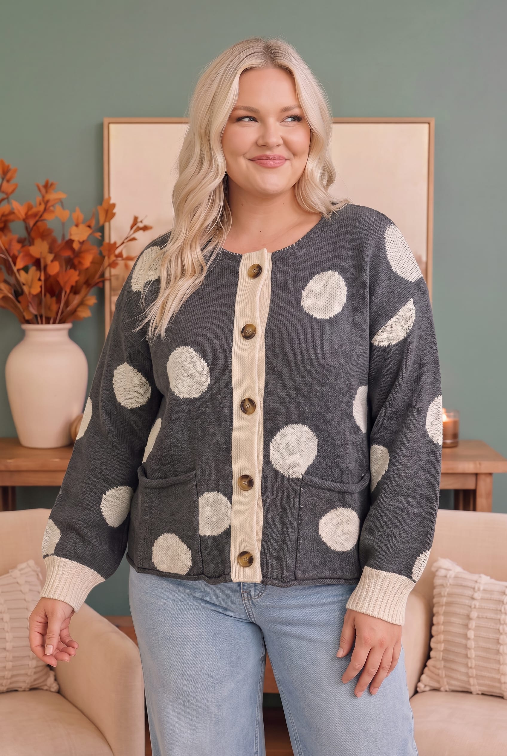 Dotty For You Charcoal Polka Dot Knit Cardigan