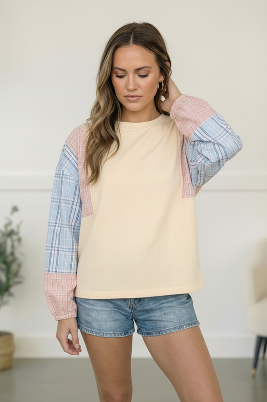 My Casual Cutie Oatmeal Patchwork Top