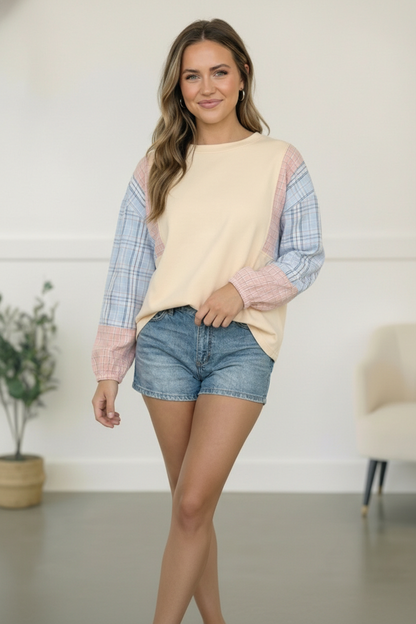 My Casual Cutie Oatmeal Patchwork Top