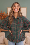 Ruffle the Rules Plaid Flannel Top in Green