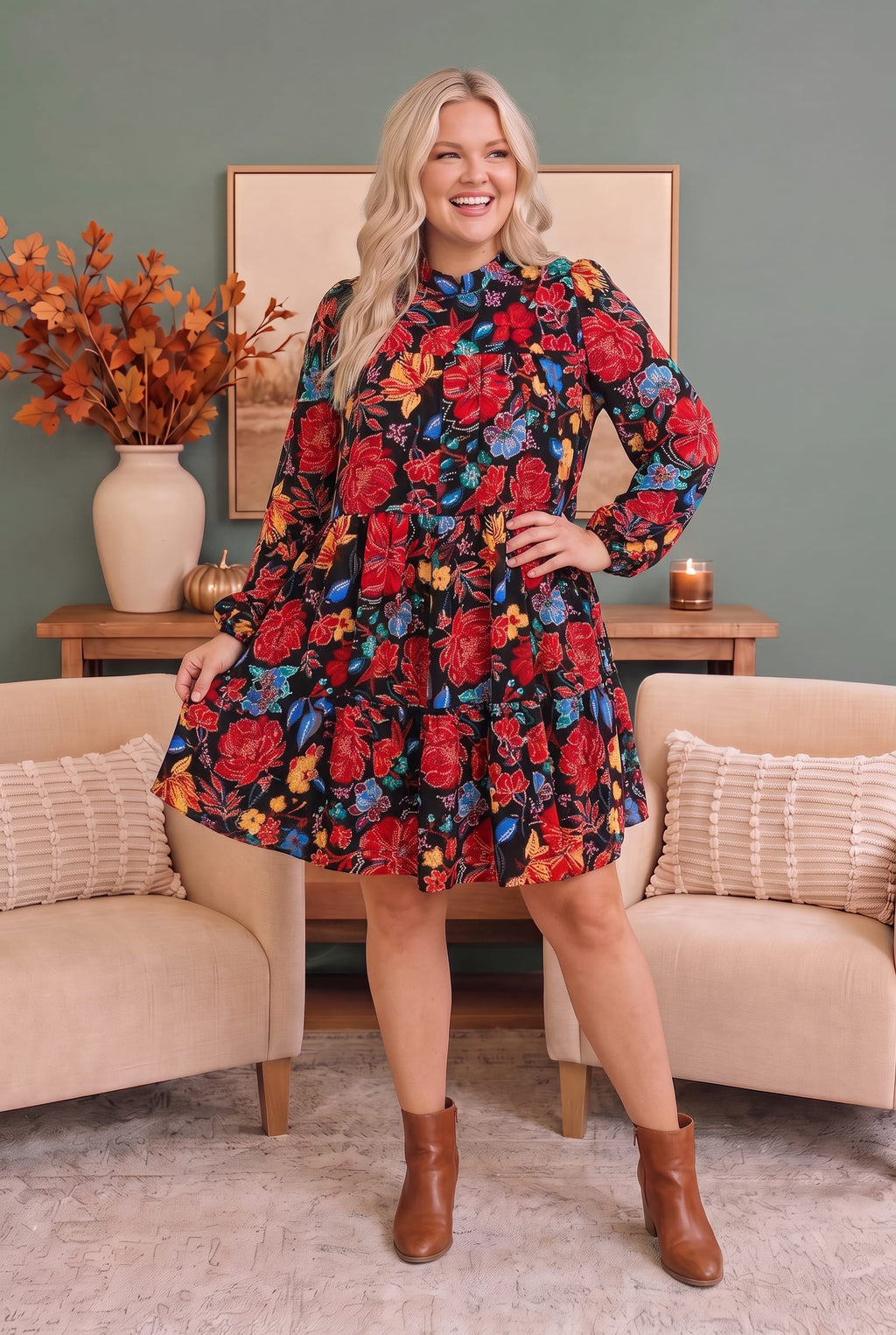 Bold Blooms Long Sleeve Tiered Mini Dress