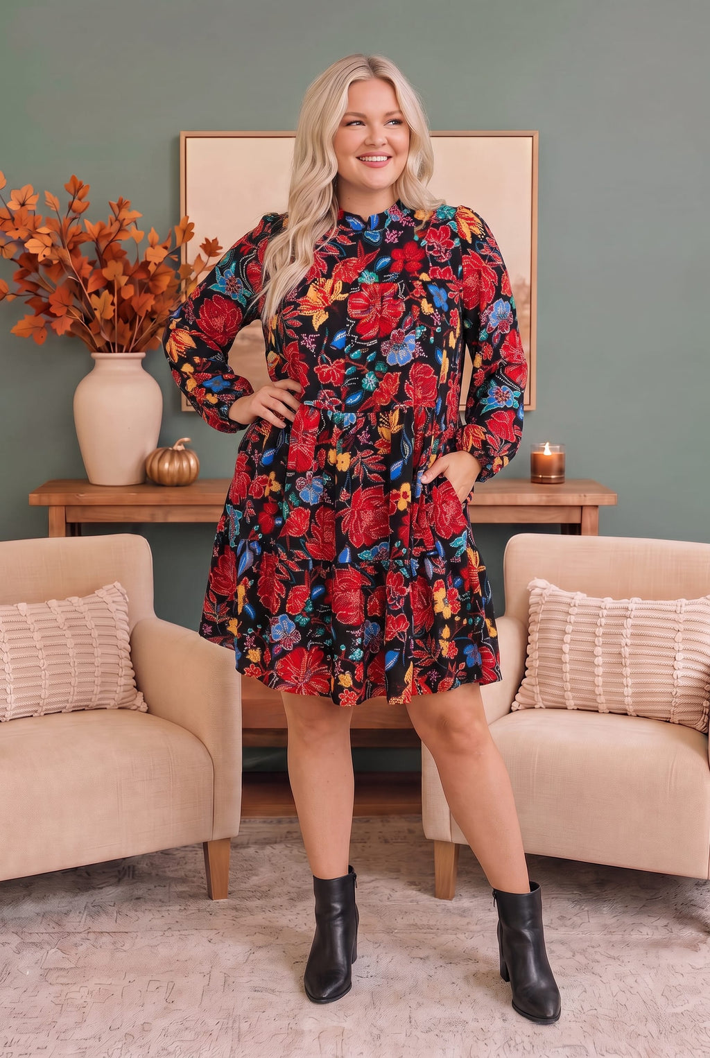 Bold Blooms Long Sleeve Tiered Mini Dress