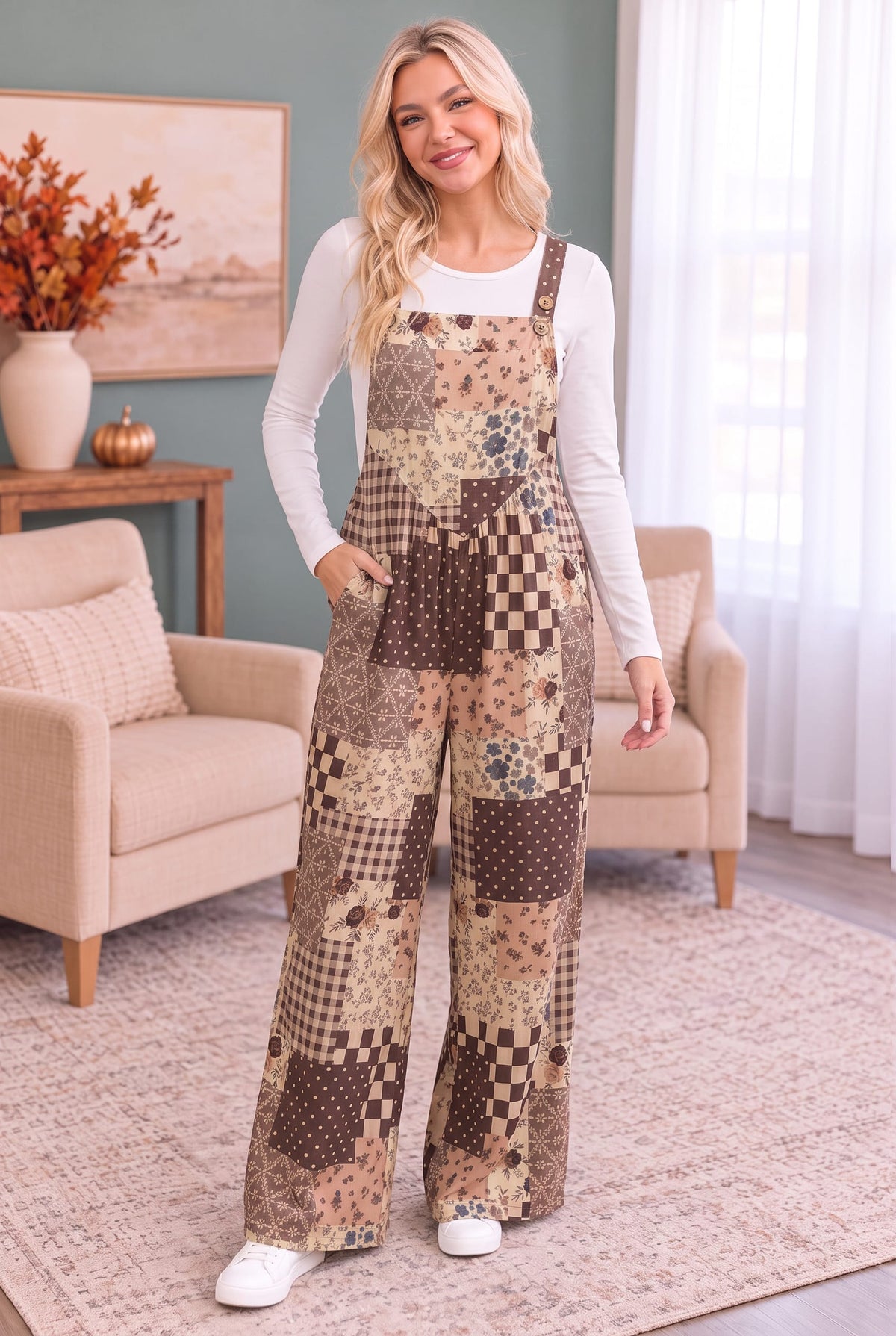Cozy Patchwork Dreams Wide Leg Overall Set