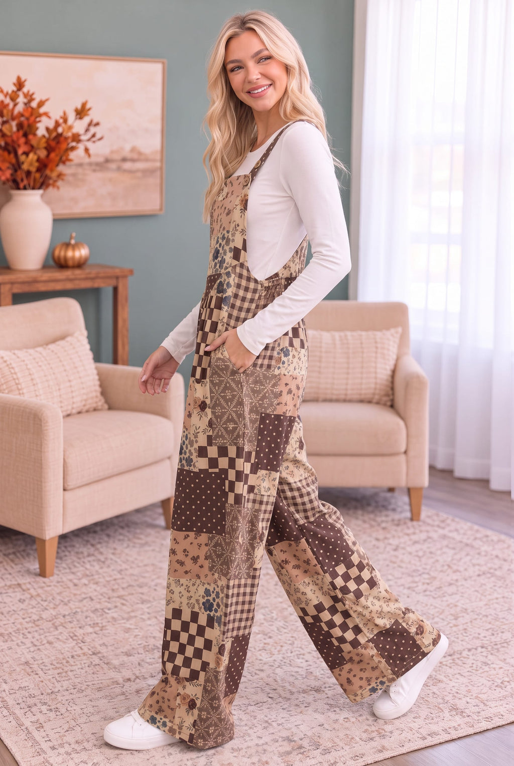 Cozy Patchwork Dreams Wide Leg Overall Set