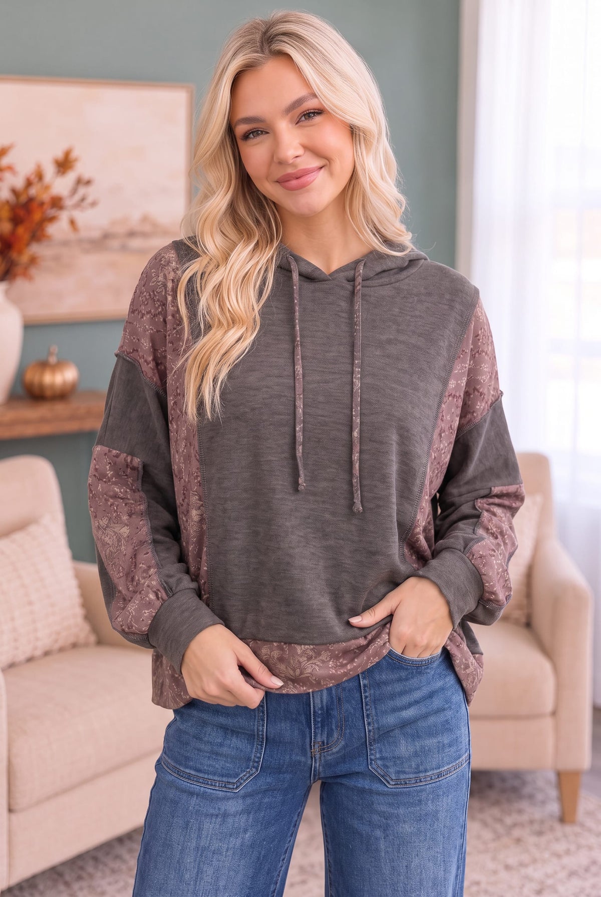 Mix and Match Patchwork Drawstring Hoodie